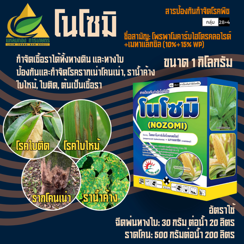 โนโซมิ โพรพาโมคาร์บไฮโดรคลอไรด์ 10% + เมทาแลกซิล 15% WP (1 กิโลกรัม) ป้องกันกำจัดโรค รากเน่าโคนเน่า โรคราน้ำค้าง