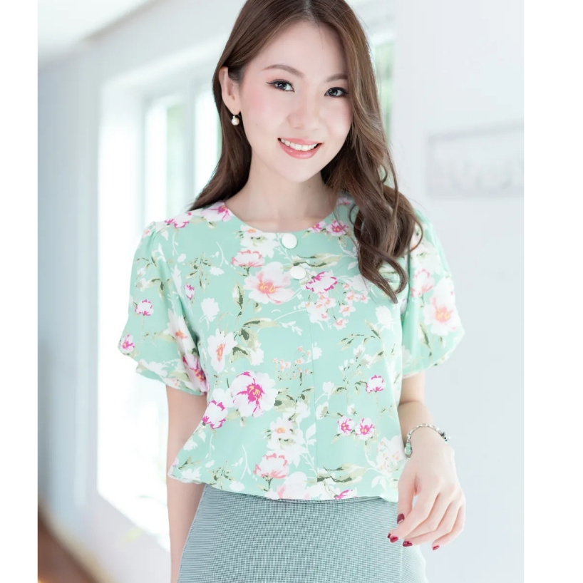 Narinari : MT0307 Double/Triple Button Balloon Sleeve Blouse – เสื้อแขนบอลลูน