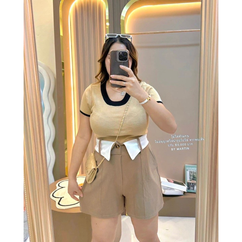 กางเกงขาสั้นแต่งเอวพับผ้าวูลเวฟ#สาวอวบ#ยืดเยอะ#เอวสม๊อค