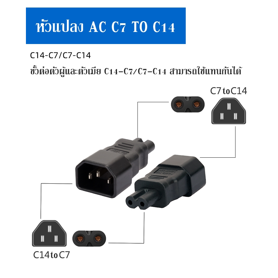 หัวแปลง AC C7 to C14   แปลงจากหัวเล็กเป็นปลั๊กใหญ่ขึ้น ทำให้ใช้สาย AC C13 ได้