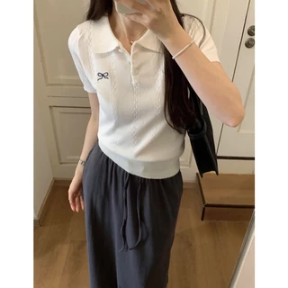 Cicishop(A2156-2)เสื้อไหมพรมแขนสั้น แต่งลายผ้า คอปกกระดุมใช้งานได้จริง ปักโบว์น่ารัก สไตล์เกาหลี