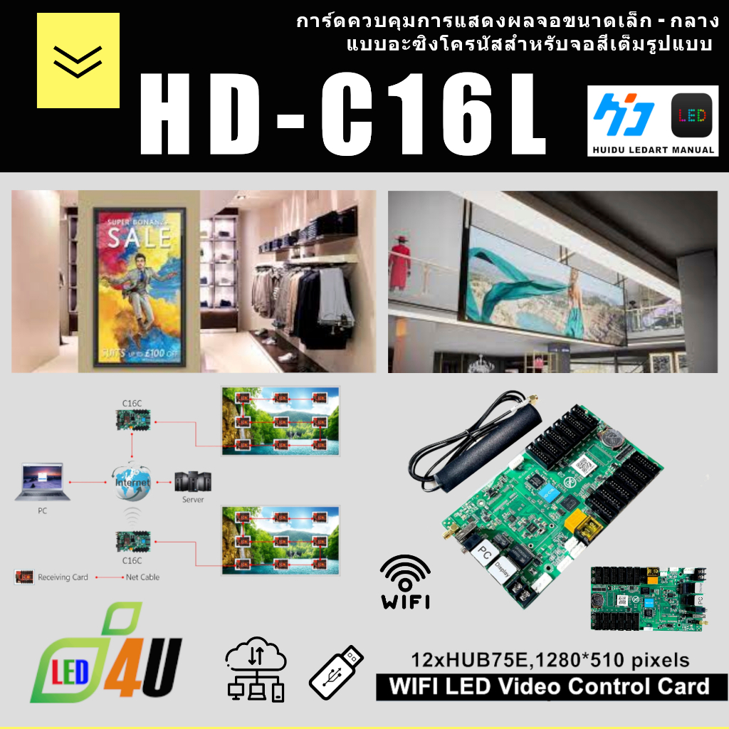 HD-C16L การ์ดใช้สำหรับควบคุมโมดูล LED หลายตัวเพื่อสร้างจอแสดงผลโมดูล LED ขนาดใหญ่ ป้ายภาพ LED ป้ายโฆษณา ป้ายวิดีโอ LED