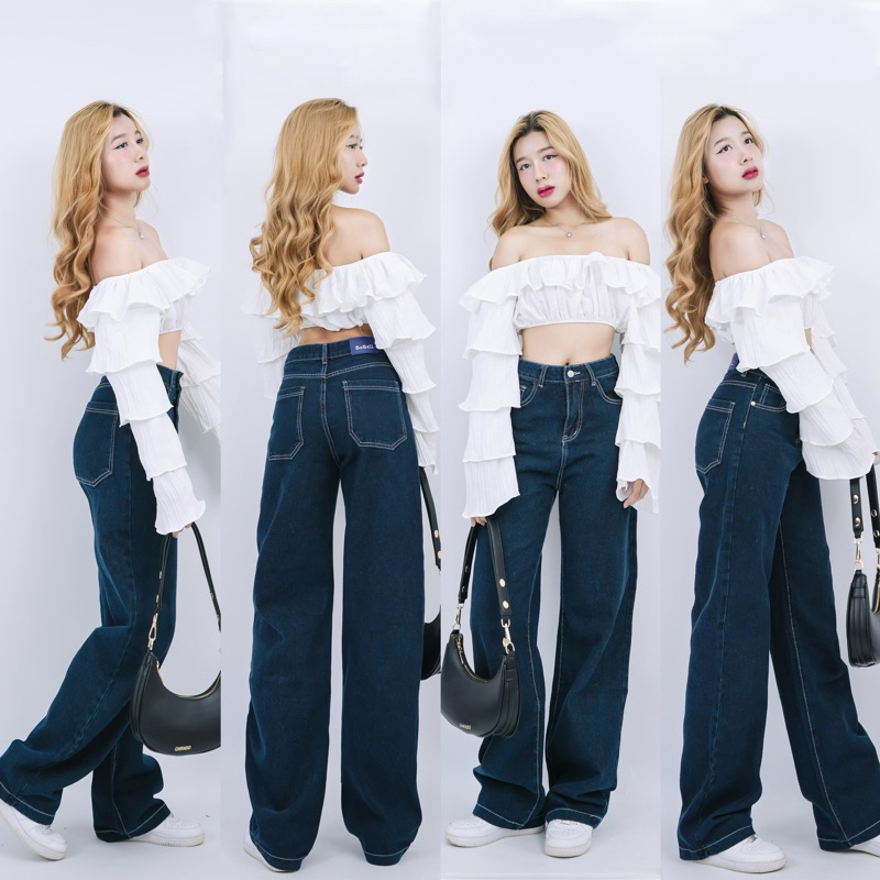 B006 กางเกงยีนส์ทรงกระบอก Baggy Jeans สีกรม แต่งด้ายขาว