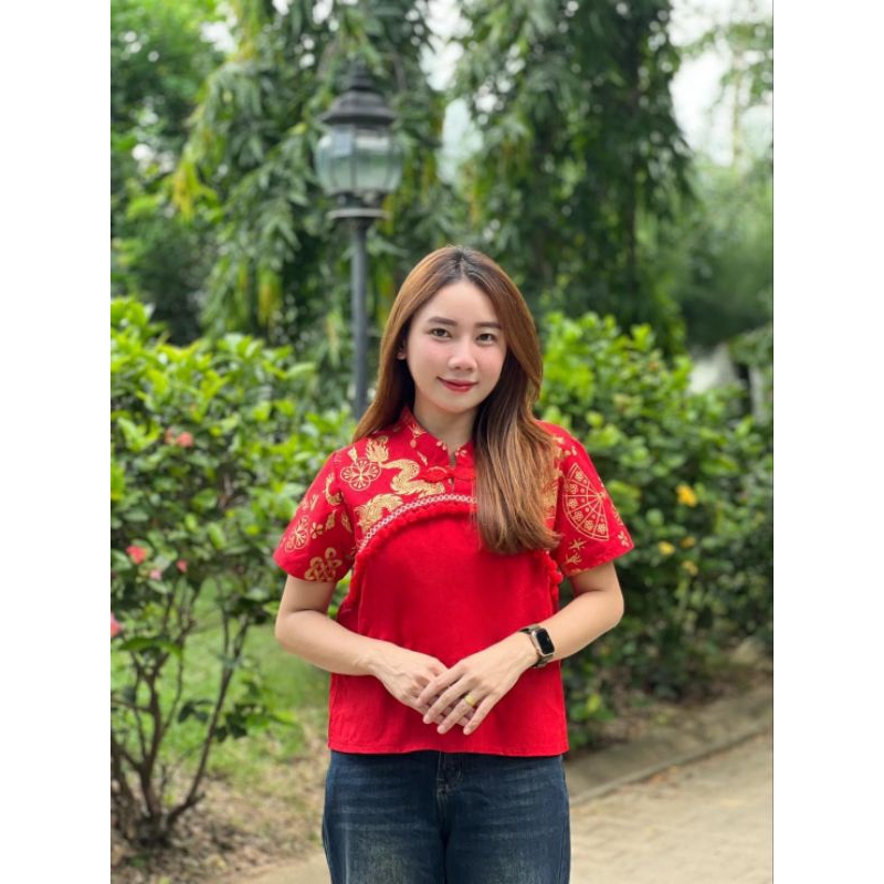 เสื้อผ้าฝ้ายสีแดงคอจีนผูกโบว์