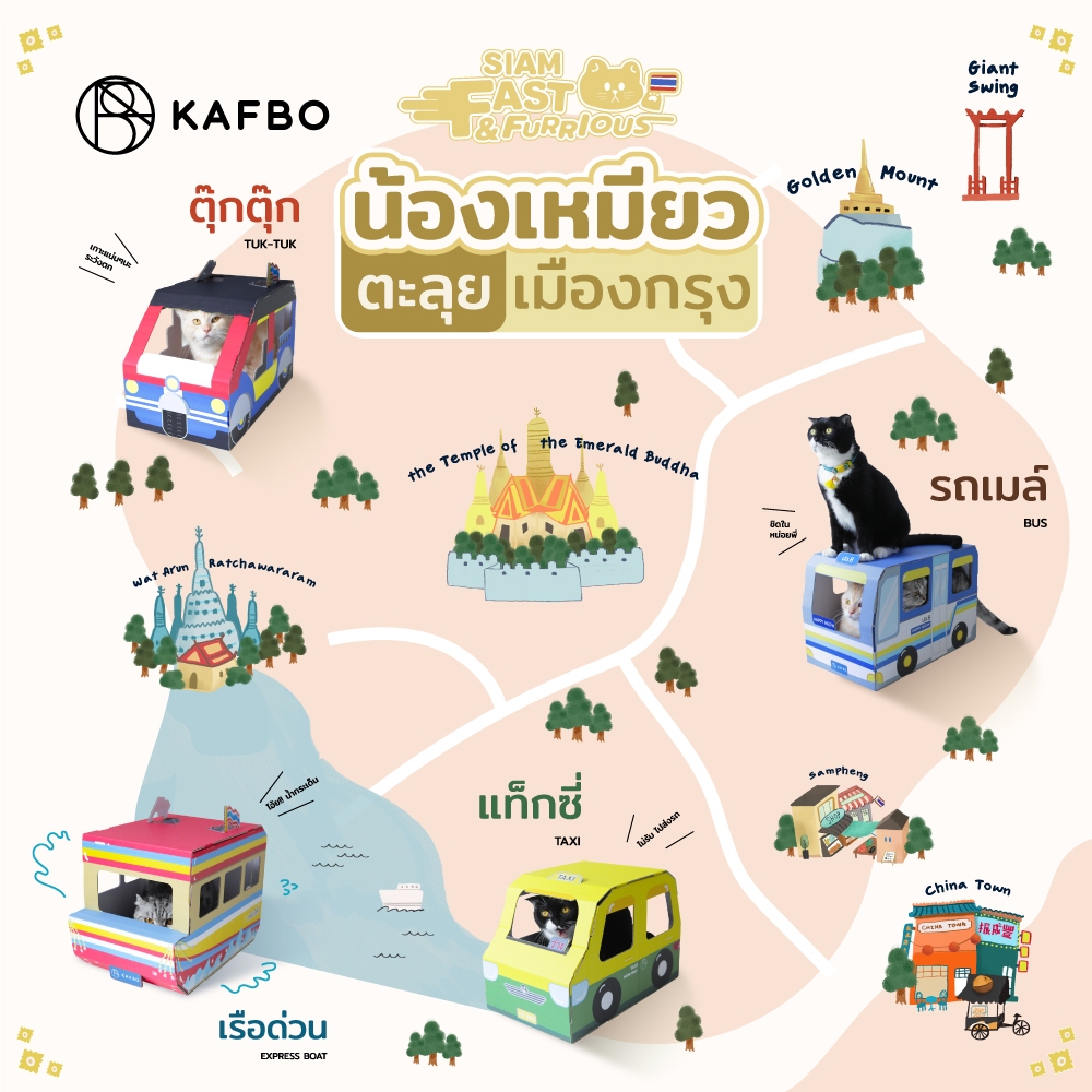 KAFBO Siam Fast&Furrious รถแมวสไตล์ไทย รถแท๊กซี่แมว รถเมล์แมว เรือแมว รถตุ๊กตุ๊กแมว ที่ลับเล็บแมว บ้านแมว บ้านแมวไทย