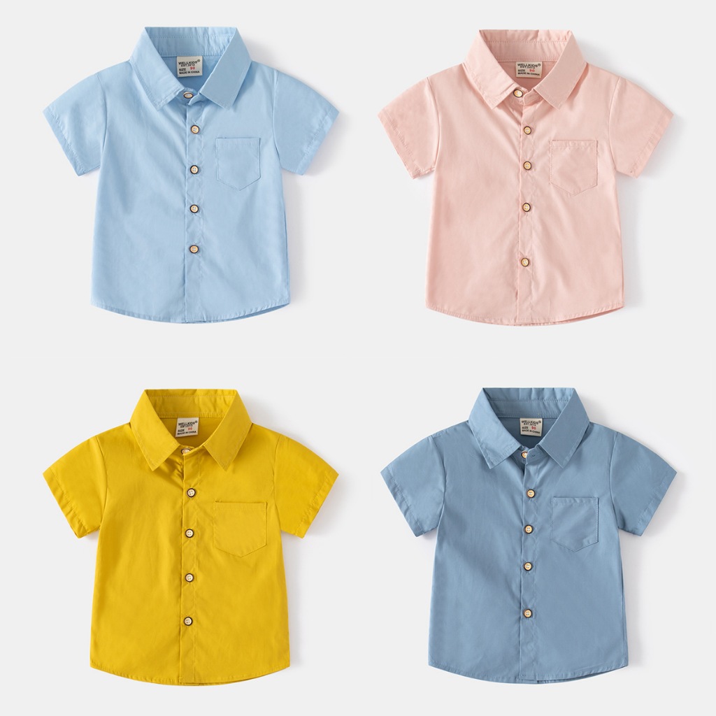 Babyonline(Y506)G2 เสื้อเชิ้ตแขนสั้นสีพื้นสำหรับเด็กผู้ชาย ผ้าฝ้าย นิ่ม ระบายอากาศ