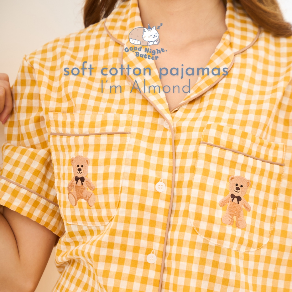 Gnight.Butter Pajamas l ชุดนอนสีเหลือง ลายหมี กันโป๊โนบราได้ ไม่ต้องรีด (มีไซส์ใหญ่)