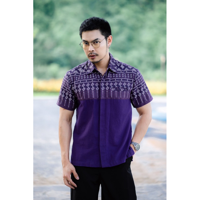 เสื้อผ้าฝ้ายฟอกหมักโคลนพิมพ์ลาย No.16ม่วงขอสั้น