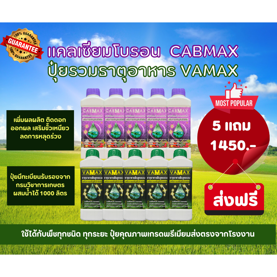 CABMAX+VAMAX แคลเซียมโบรอนเข้มข้ม แถม ปุ๋ยธาตุรวม [ซื้อ 5 แถม 5] ผลดก เสริมขั้วเหนียว ลดร่วง V5+C5