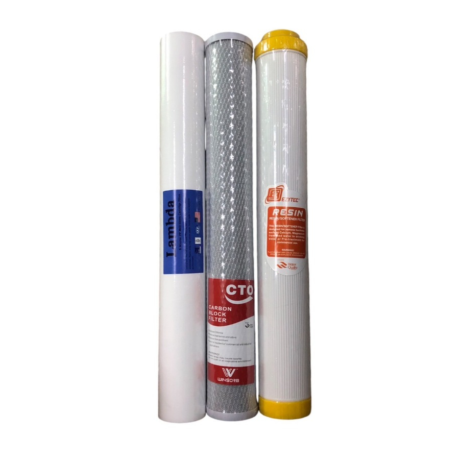 ชุดไส้กรองน้ำ 3 ขั้นตอน 20 x 2.5 นิ้ว  (PP, Carbon, Resin/GAC) ใช้ได้กับตู้น้ำหยอดเหรียญทุกยี่ห้อ