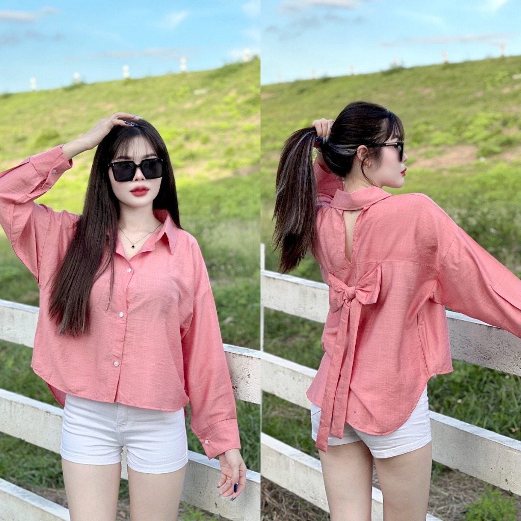 WARIS เสื้อวีหลัง หน้าสั้น-หลังยาว แต่งโบว์ ผ้าคอตตอนสลาฟ