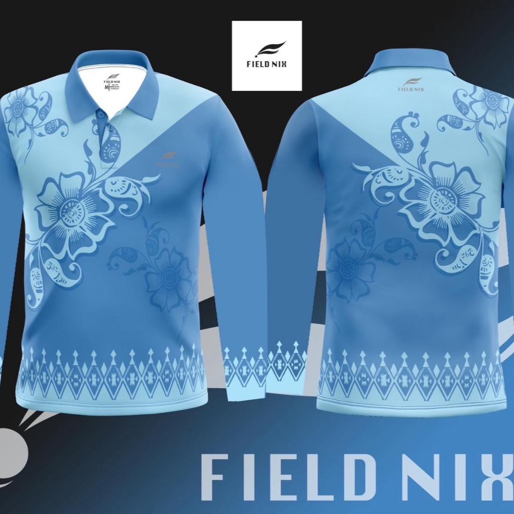FIELDNIX เสื้อโปโลพิมพ์ลาย ฟ้าปลาคู่ แขนยาว ผ้านุ่ม ใส่สบาย ไม่ต้องรีด
