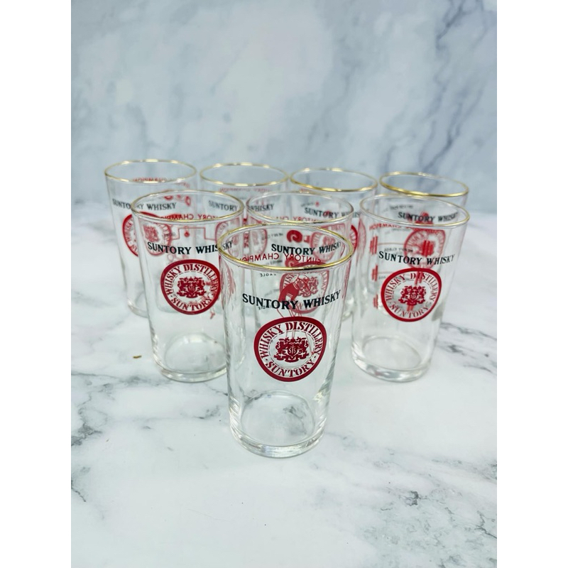 Vintage SUNTORY WHISKY : แก้วขอบทอง ชุด SUNTORY CHAMPION 150ml. MADE IN JAPAN ชุด 8ใบ ( ครัว : SW8)