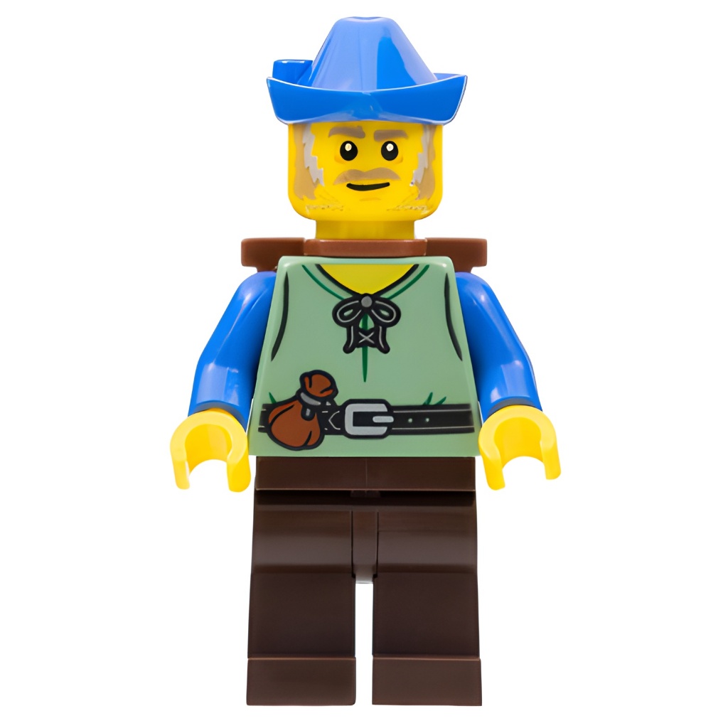 Peasant - Male, Dark Brown Legs, Blue Hat, D-Basket - cas579 - Original Lego® Minifigure