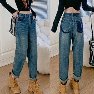 GHAOEHS กางเกงยีนส์8ส่วน วินเทจสไตล์อเมริกา ทรงหลวมเอวสูงฤดู…