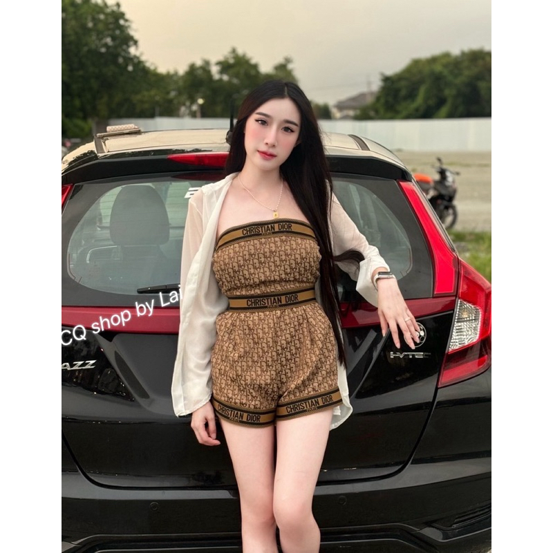 Mahaheng Set 3ชิ้น เสื้อเกาะอกเเต่งยางแต่งขอบ ลายแบรนด์ดัง เชิ้ตคลุมมีกระดุม สุดฮิต