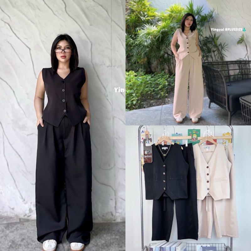 Set2ชิ้น เสื้อกั๊กทรงสูท+กางเกงขายาว อก40-50นิ้ว plussize