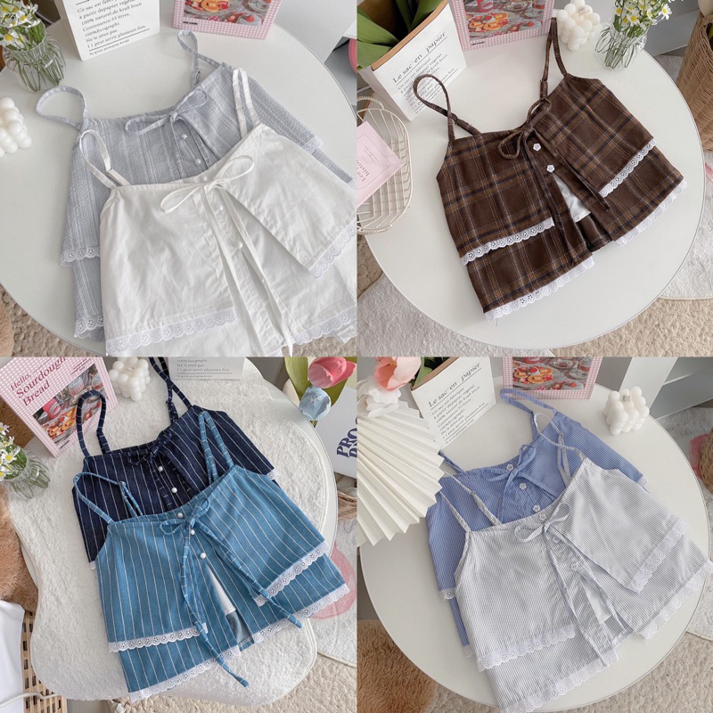 Sania Top เสื้อครอปสายเดี่ยวลายดอกไม้ แต่งขอบลูกไม้ งานซ้อน 2 ชั้น