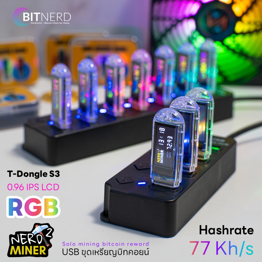 Nerdminer Mini USB RGB รุ่น S3 จอ 0.96 IPS LCD ขุดบิทคอยน์ Solo Lottery ลุ้น Block 3.125 BTC