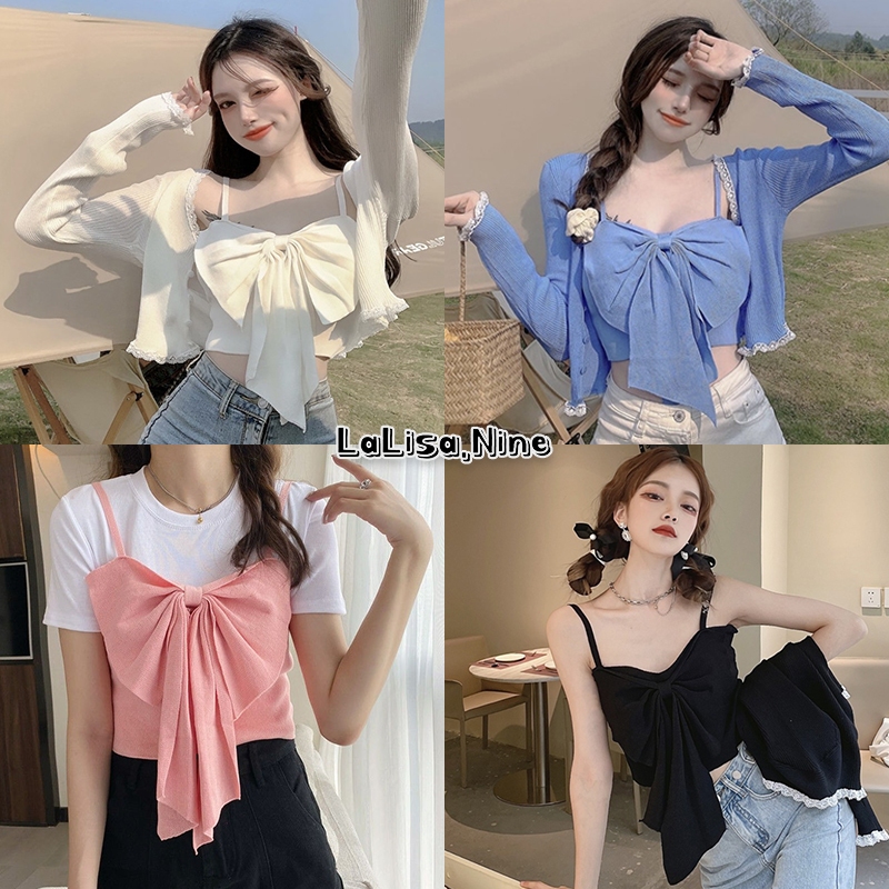 Lalisa พร้อมส่ง Y2K CROP TOP เสื้อเสื้อสายเดี่ยวไหมพรม เสื้อครอปสั้นทรงเข้ารูป เอวลอยครึ่งตัว​ แต่งจีบโบว์ใหญ่​