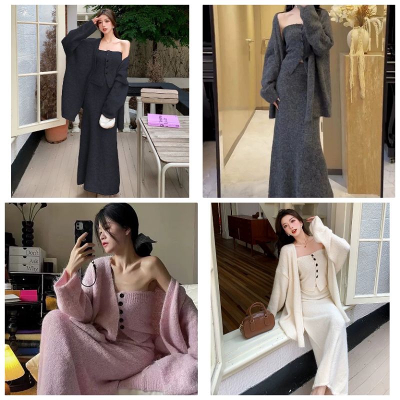 เซ็ตไหมพรมเกาะสามชิ้น เกาะอกกระดุมหน้า มาพร้อมเสื้อคลุมโอเวอร์ไซส์