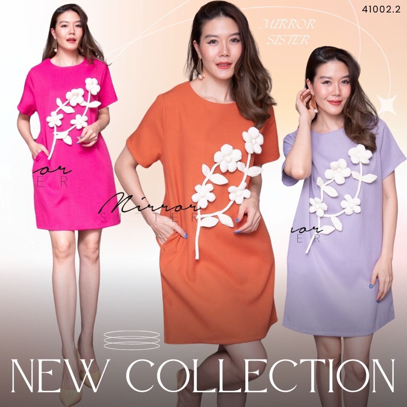 MiRRoR SiSTER ••MiRRoRSiSTER's VERA 3D FLoRaL DReSS•• เดรสแขนสั้นทรงเบสิคเรียบง่าย โดดเด่นน่ารักด้วยดอกไม้3Dสีขาวละมุน