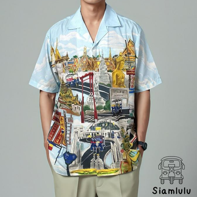 Siamlulu เสื้อฮาวายผู้ชาย ลาย “ Bangkok “ สีฟ้า