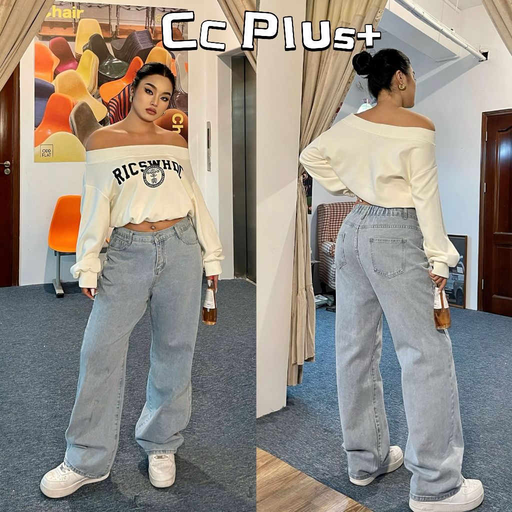 CiCi Plus+(754)  กางเกงยีนส์ขายาว เอวสูง เอวสม็อคหลัง พรางหุ่น เหมาะสำหรับสาวพลัสไซส์