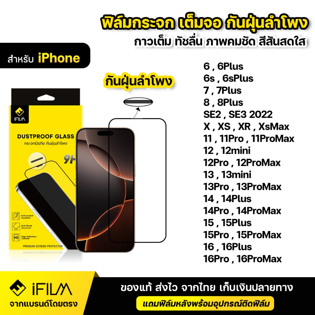 iFILM ฟิล์มกระจก นิรภัย กันฝุ่นลำโฟง เต็มจอ ใส For iPhone 16 Pro Max 16Plus 15 Plus 14 13 12 mini 11 Xr Xs Max SE 7 8 HD