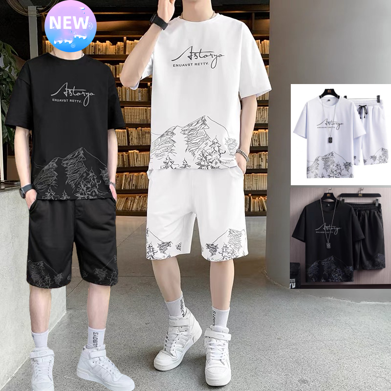 【ส่งเร็วพิเศษ】ชุดแฟชั่นชาย ชุดกางเกงขาสั้นเสื้อยืดผู้ชายสไตล์เรียบง่าย เสื้อผ้ายืด สวมใส่สบาย ผ้านุ่มMen's T-shirts Sets