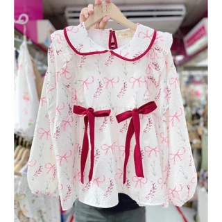 ป้าย Lilly เสื้อผ้าบับเบิ้ลพิมพ์ลายคอบัวแต่งกุ้นสี ระบายข้าง แต่งโบว์ผูกน่ารัก ๆ อก 42 นิ้ว