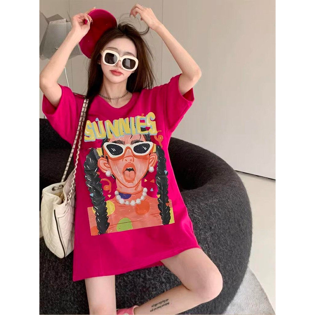 【UT】พร้อมส่ง! เสื้อยืดOversize ผ้าCOTTON100%นางสาว หลวม สาวอ้วน เสื้อยืดแขนสั้น แนวโน้ม สีแดง