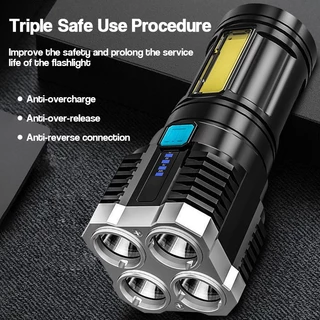 ไฟฉาย led ไฟฉายแรงสูง ไฟฉาย LED 4 ตา ไฟฉายพกพา ไฟฉายชาร์จไฟ USB ส่องสว่างระยะไกลสำหรับกลางแจ้ง