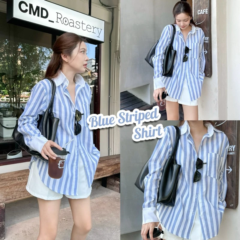 BLUE STRIPED SHIRT เสื้อเชิ้ตลายทางผู้หญิง Oversize แขนยาวเกาหลี เสื้อคลุมผู้หญิง ใส่เที่ยวใส่ทำงาน เนื้อดี ทรงสวย