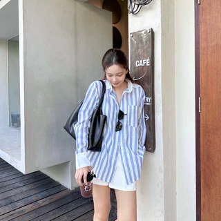 BLUE STRIPED SHIRT เสื้อเชิ้ตลายทางผู้หญิง Oversize แขนยาวเกาหลี เสื้อคลุมผู้หญิง ใส่เที่ยวใส่ทำงาน เนื้อดี ทรงสวย