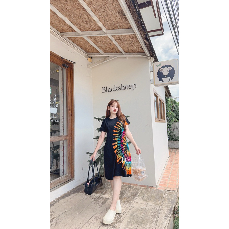 มินิเดรสเนื้อผ้าคอตตอนมัดย้อมกัดลายดำ
