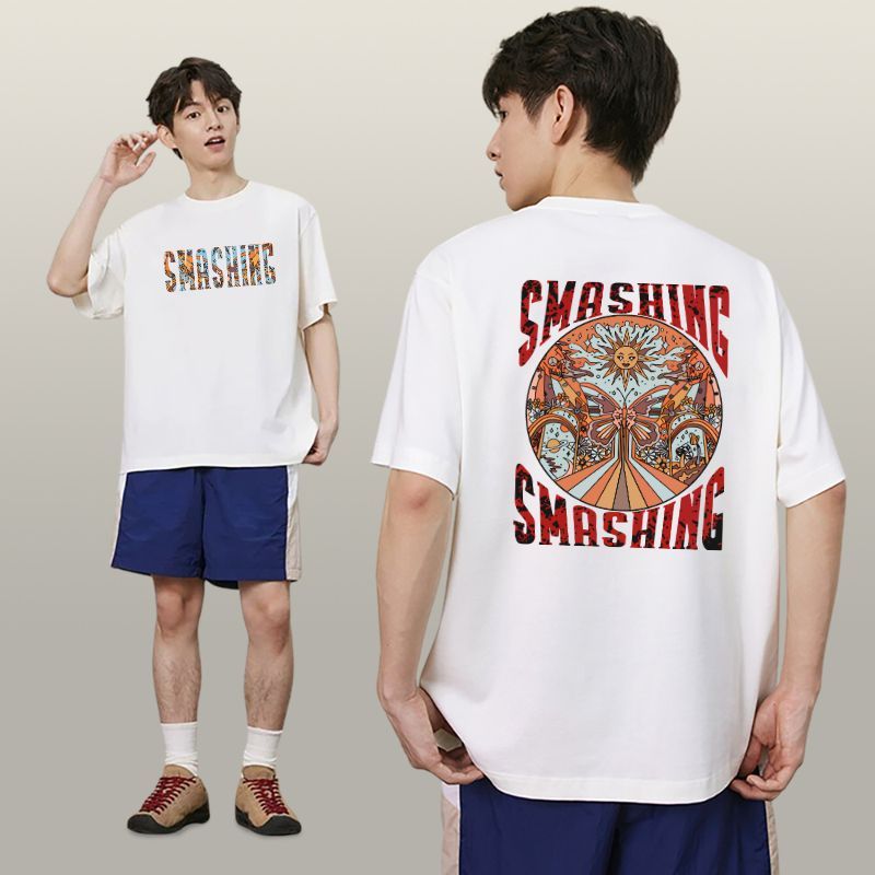 Y-T เสื้อยืดโอเวอร์ไซส์ คอกลม ไม่จำเป็นต้องรีดผ้า ไม่หดตัว เสื้อยืดแขนสั้น ผ้าฝ้าย 100% พิมพ์ "ทุบ"