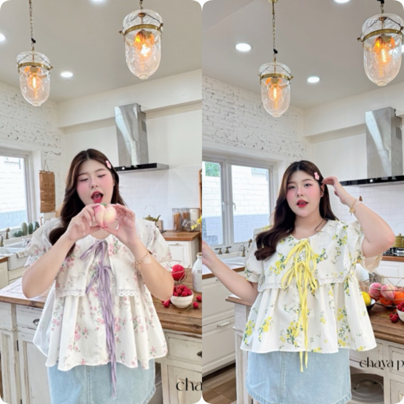 งานเสื้อเชิ๊ตคอปกแต่งลูกไม้ เนื้อผ้าครัชปริ๊นดอกไม้ ตกแต่งเชือกผูกน้องโบว์ที่อก