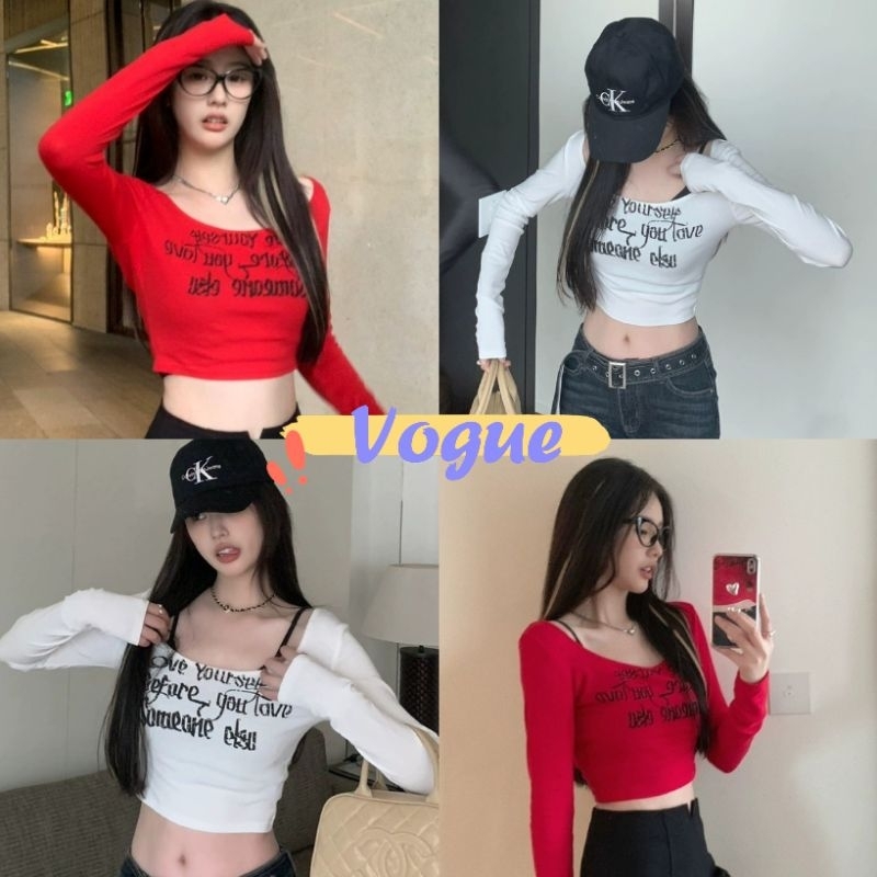 Vogue พร้อมส่ง เสื้อแขนยาว แต่งสองชั้น มีฟองน้ำ ดีเทลสกีนตัวอักษร (FY5059)