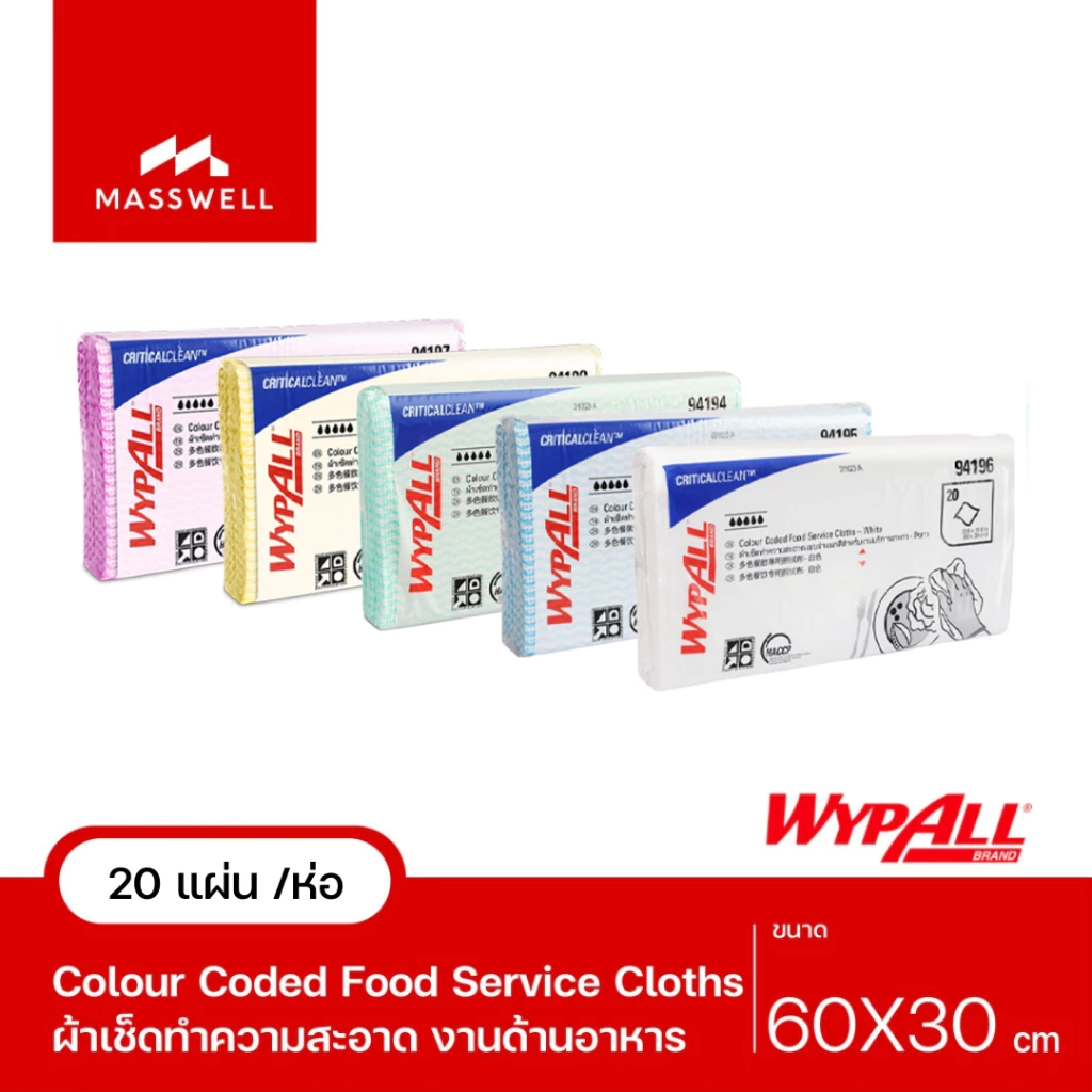 [2 แถม 1 เฉพาะในไลฟ์ 15:00 น.] WYPALL ผ้าเช็ดอเนกประสงค์ Colour Coded Food Service Cloths (20แผ่น/ห่อ)