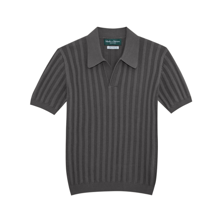 ส่วนลด20%DDX20CTD11 MadetoMature Stripe Textured Knitted Skipper Polo - Smoke Grey เสื้อโปโลลายทาง ปกสกิปเปอร์