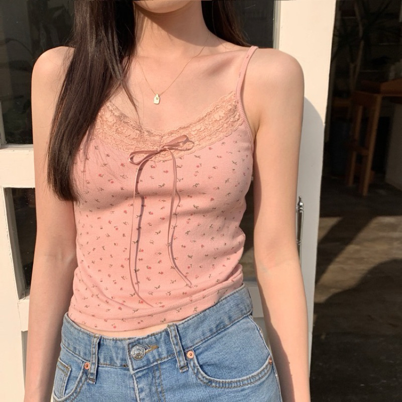 สายเดี่ยวเกาหลีลูกไม้ลายดอกไม้ มีฟองน้ำ
