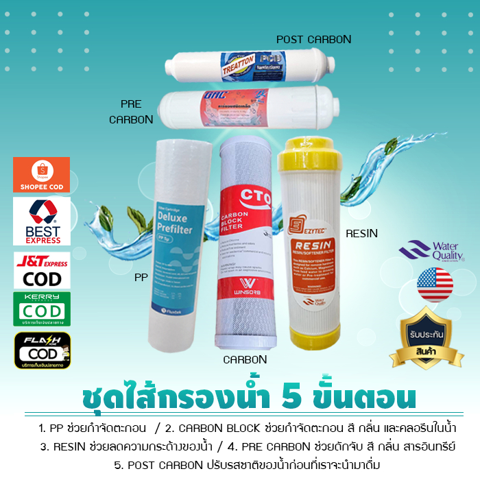 ชุดไส้กรองน้ำ 5 ขั้นตอน ขนาด 10 นิ้ว ใช้สำหรับใส่เครื่องกรอง 5 ขั้นตอน ธรรมดา เจ๊ตุ่ม