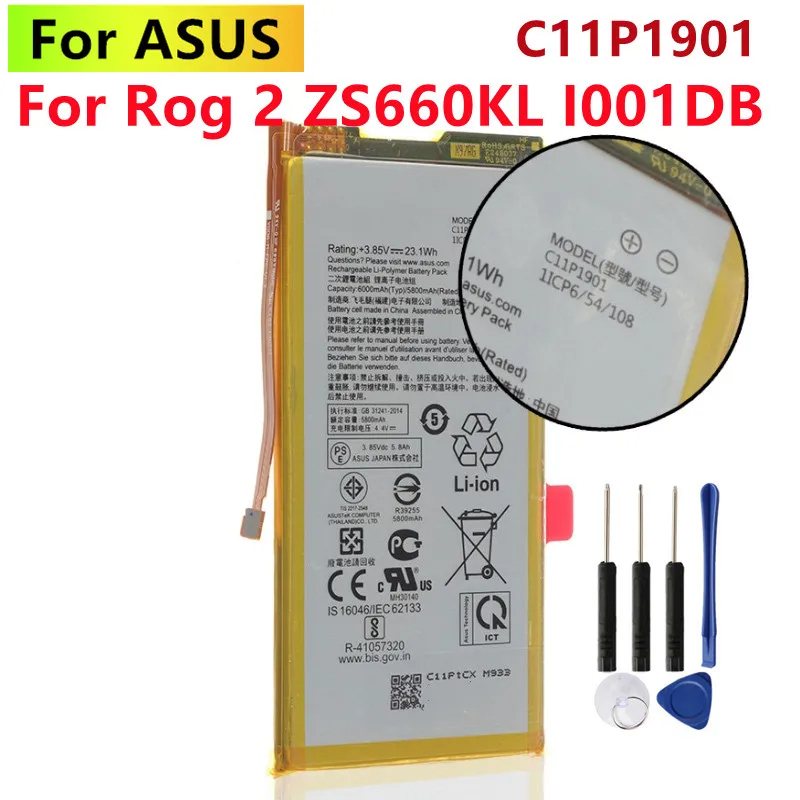 C11P1901 แบตเตอรี่ สำหรับ ASUS ROG 2 ZS660KL/ c11p1901 แบตเตอรี่เกม I001DB แบตเตอรี่ความจุ 6000mAh +