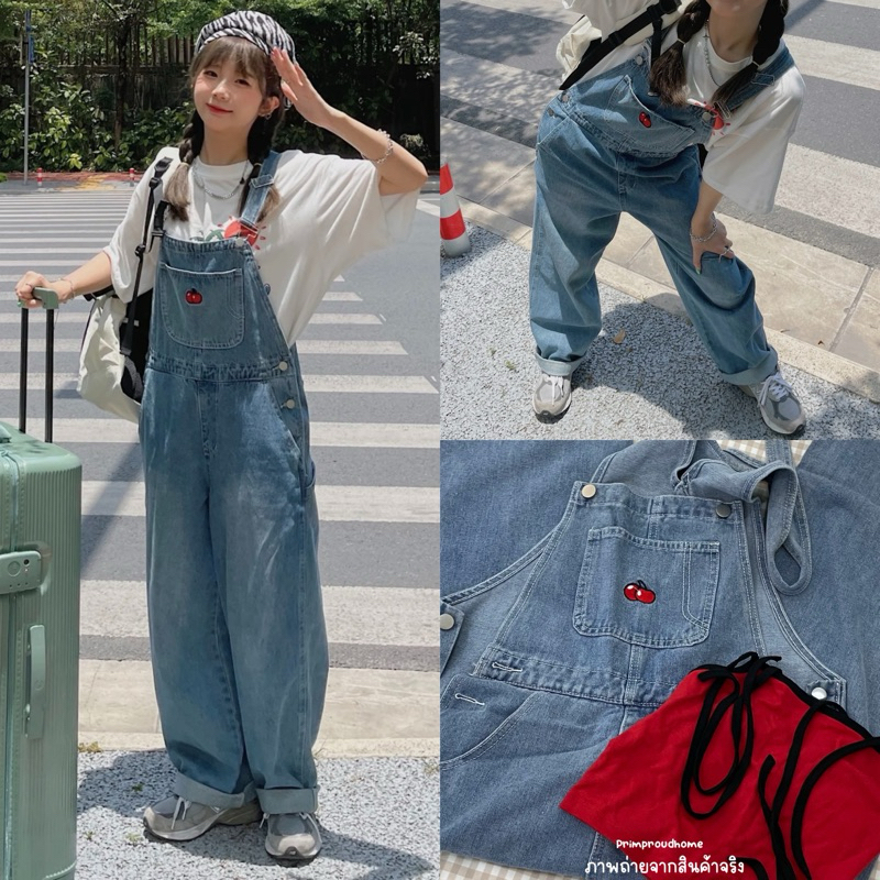 มีถึงS-5XL[พร้อมส่ง+ส่งฟรี] ⟢ primproudhome"Cherry Overalls"เอี๊ยมยีนส์ ปักน้องเชอร์รี่ ใส่ได้ตั้งแต่สาวจิ๋วถึงสาวอวบเลย