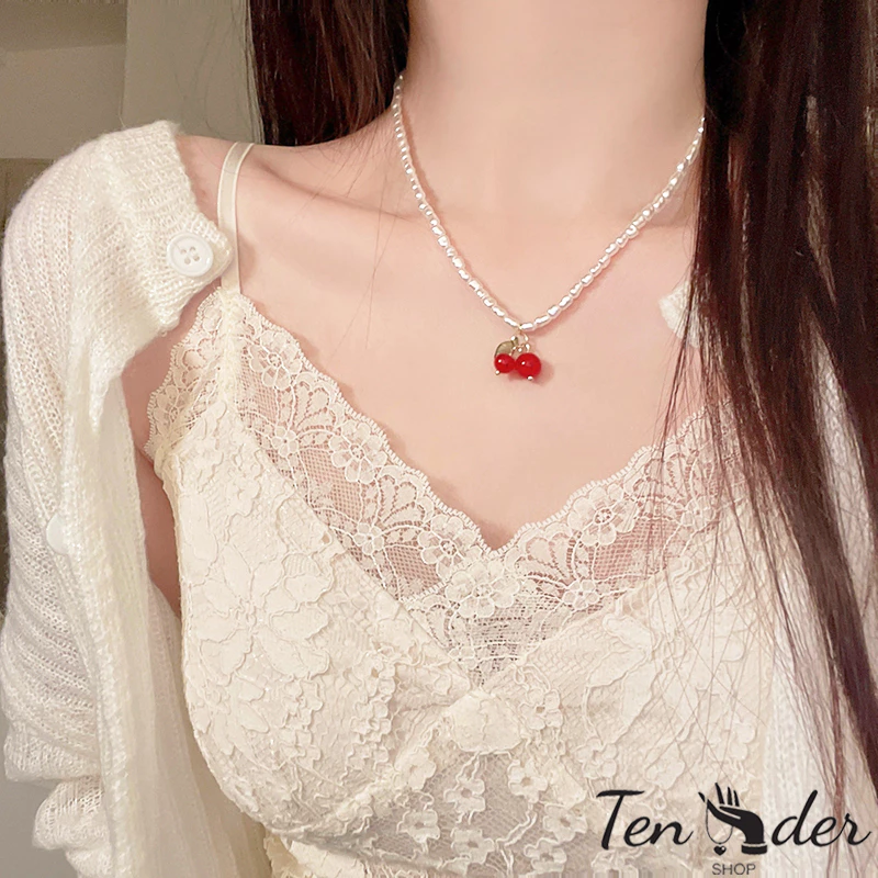 COD-ส่งเร็วจากไทย🎀สร้อยคอมุก จี้เชอร์รี่ น่ารักหวาน ละเอียดอ่อน สไตล์เกาหลี นักเรียนสำหรับผู้หญิง เครื่องประดับแฟชั่น-Te
