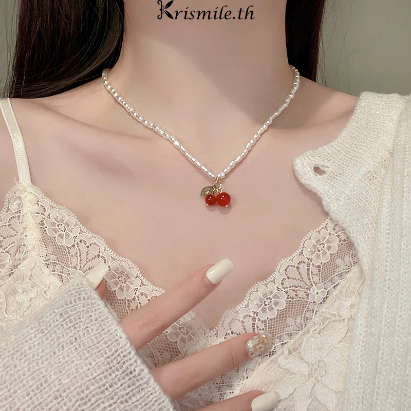 COD-ในไทย💖สร้อยคอมุก จี้เชอร์รี่ น่ารักหวาน ละเอียดอ่อน สไตล์เกาหลี นักเรียนสำหรับผู้หญิง เครื่องประดับแฟชั่น-Kri