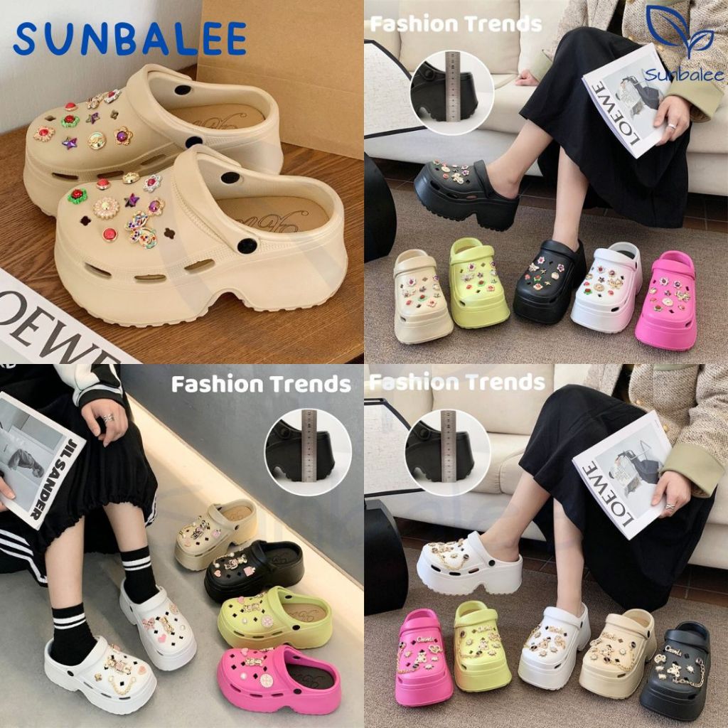 SUNBALEE 💚 E8899 รองเท้าหัวโต สีพาสเทล แถมตัวติดแบบสวย เสริมส้นสูง 7 cm มีสายรัดส้น วัสดุยาง EVA สินค้าพร้อมส่ง