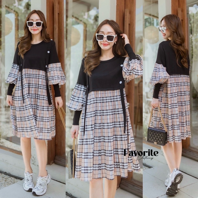 Knit Plain Patch Scott Pleat Long Sleeve Dress