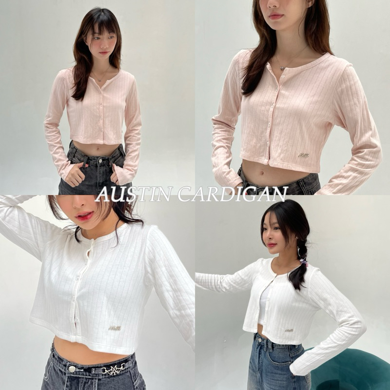 AUSTIN CARDIGAN - เสื้อครอปคาดิแกน คอกลม ดีเทลลายผ้าริ้วเส้น ป้ายเหล็กมุมขวา (nita.bkk)